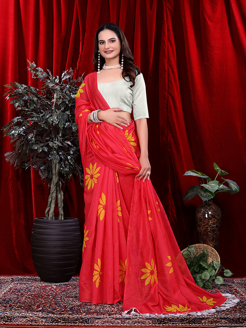 Ready To Wear Floral Print Handloom Pure Linen Saree