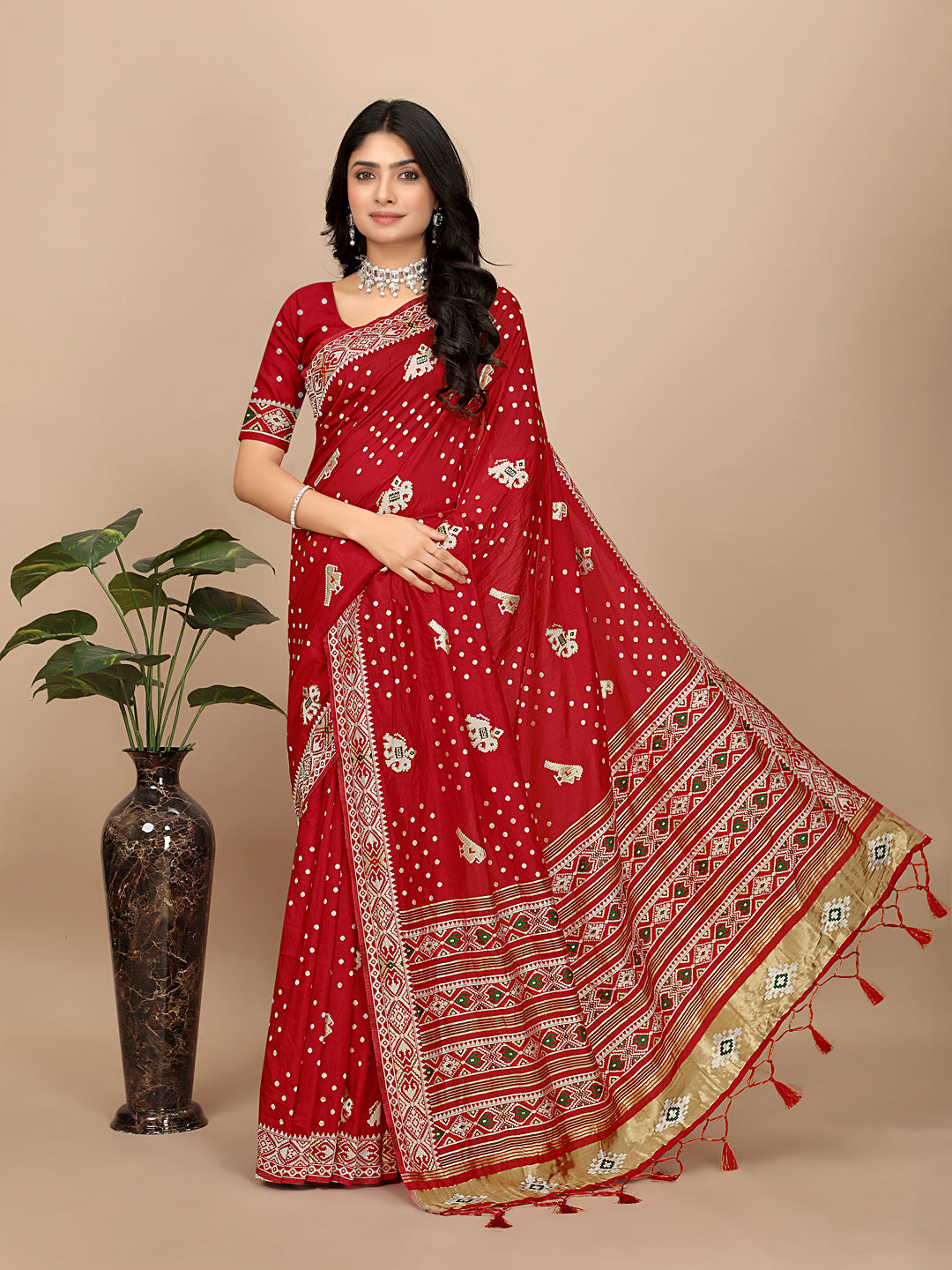 Patola Print Cotton Silk Saree with Tassel Border Pallu