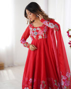 Women Floral Printed Organza Silk Flared Anarkali Kurta Set