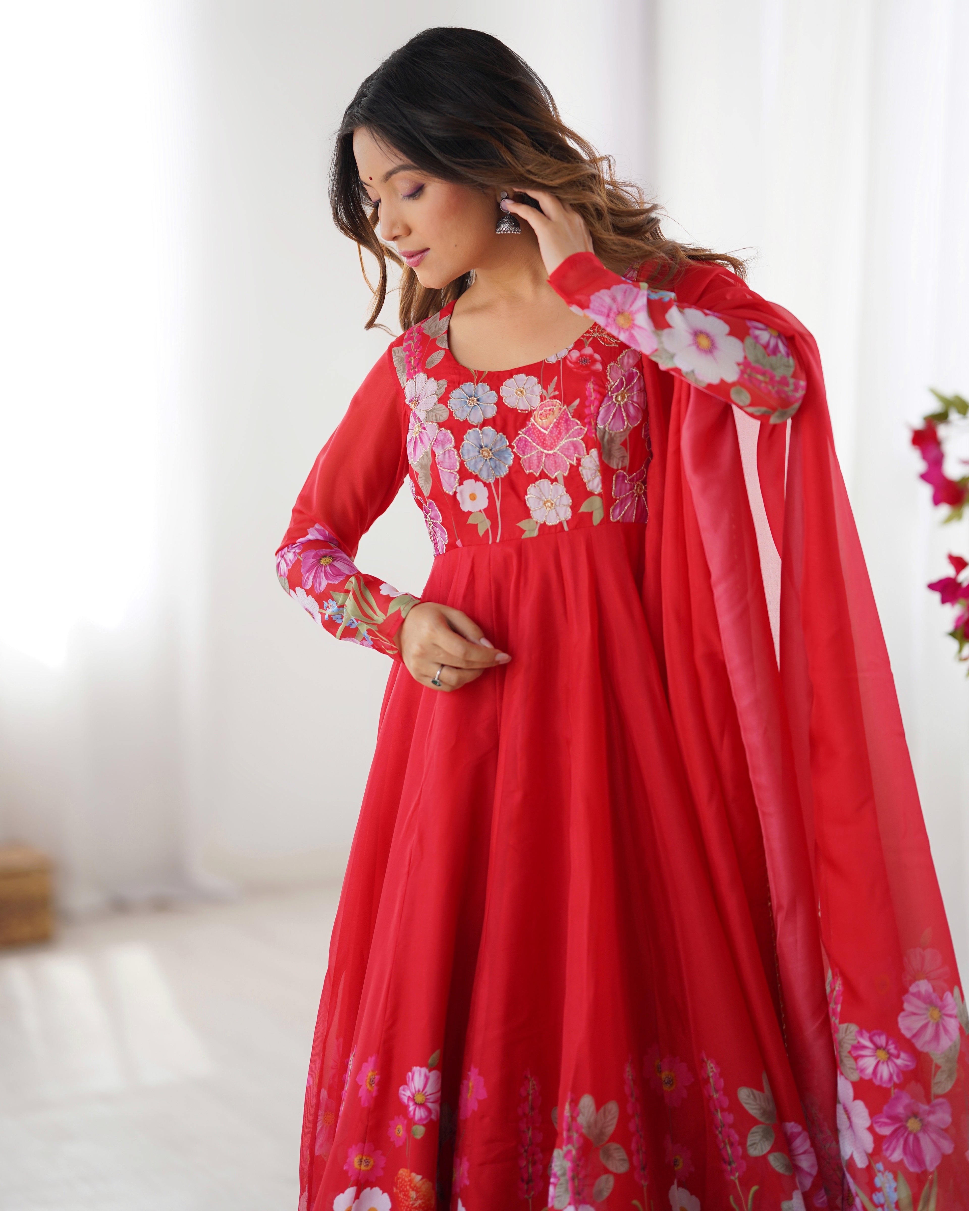 Women Floral Printed Organza Silk Flared Anarkali Kurta Set