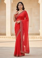 Party Wear Solid Net Saree with Heavy Diamond Siroski Work
