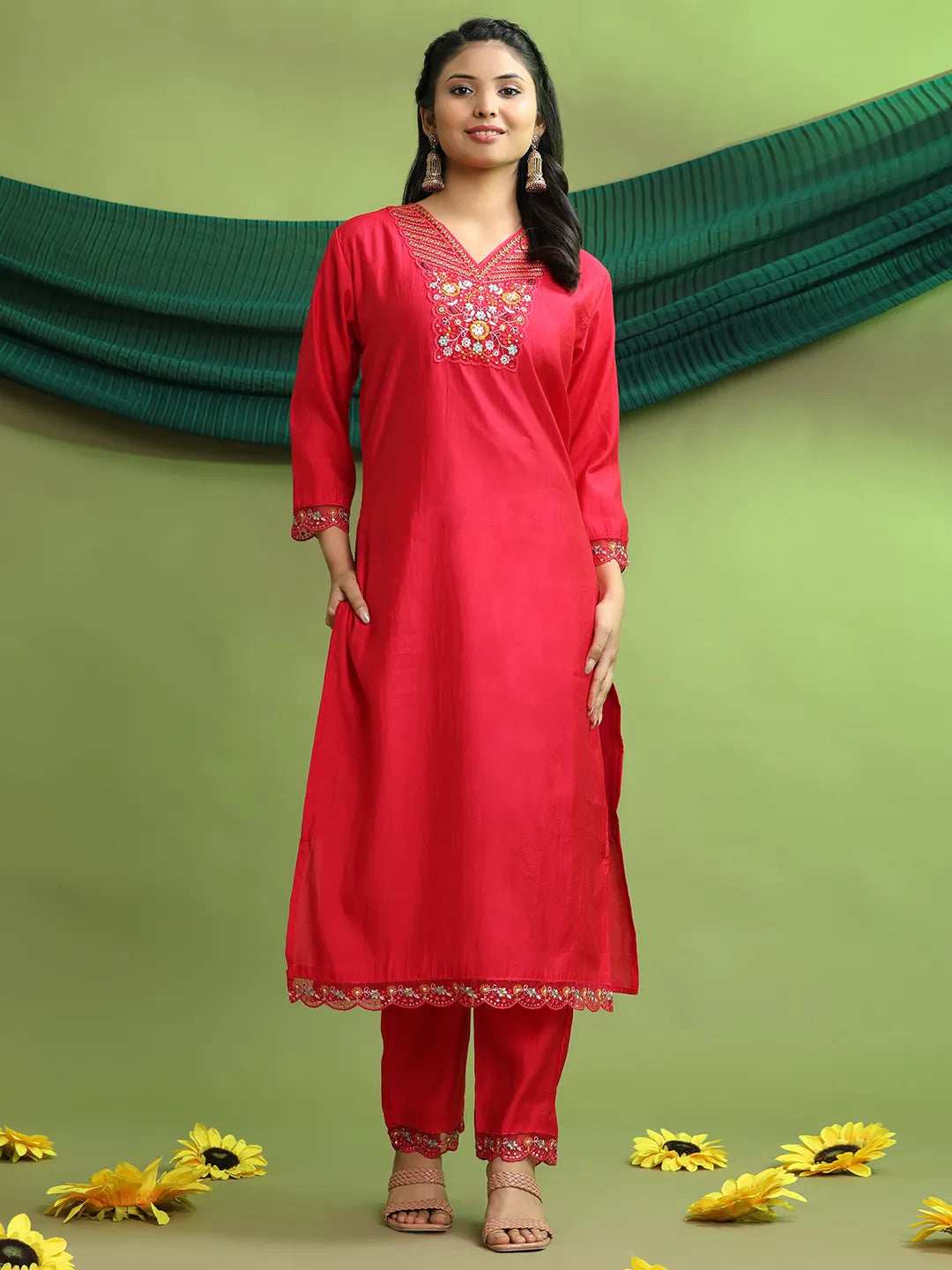 Roman Silk Embroidery Hand Work Kurta Pant Set With Dupatta