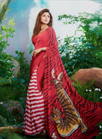 Red Silk Crepe Designer Saree with Tiger Print Pallu and Striped Pleats