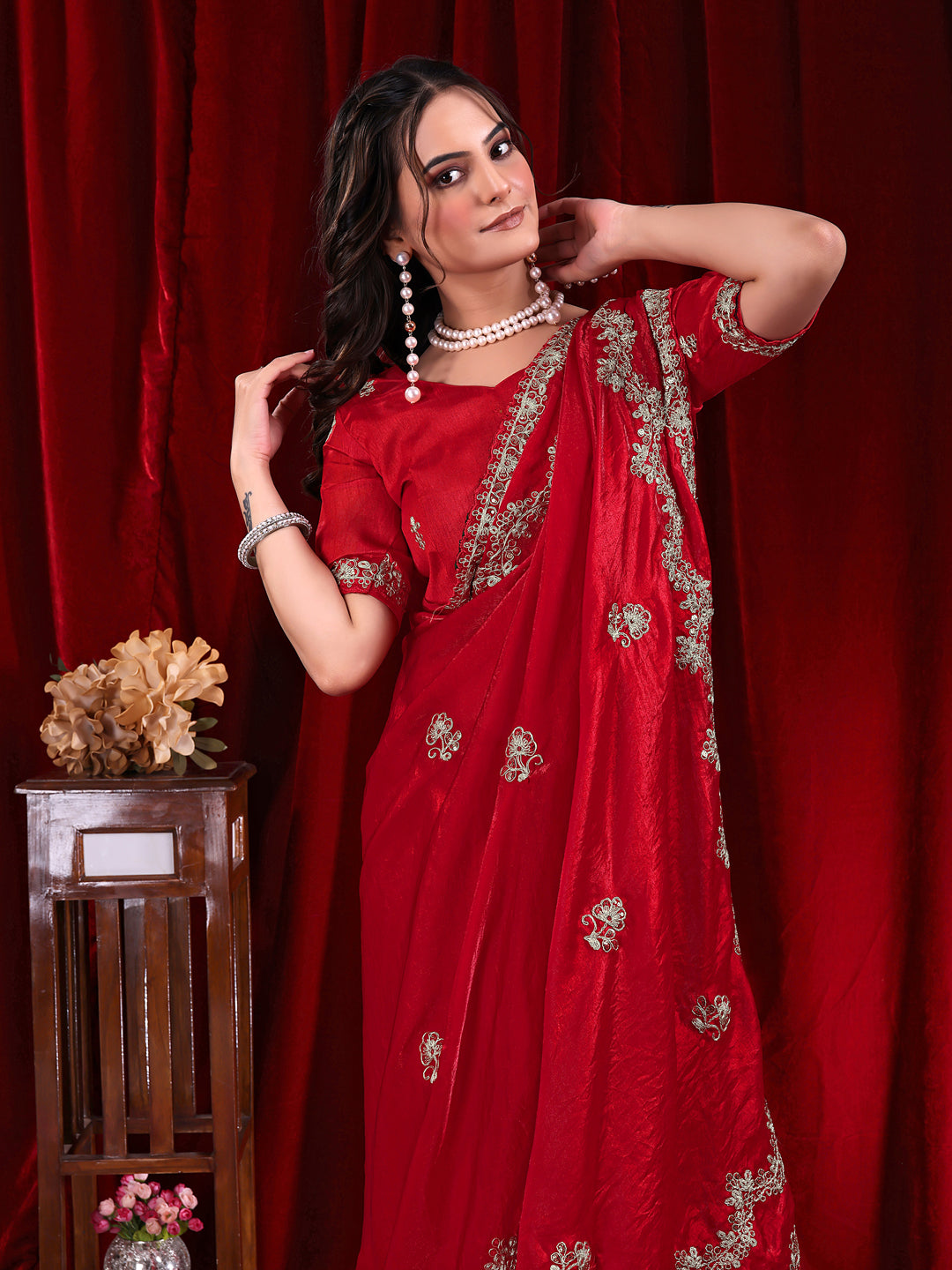 Traditional Embroidered Satin Silk Saree
