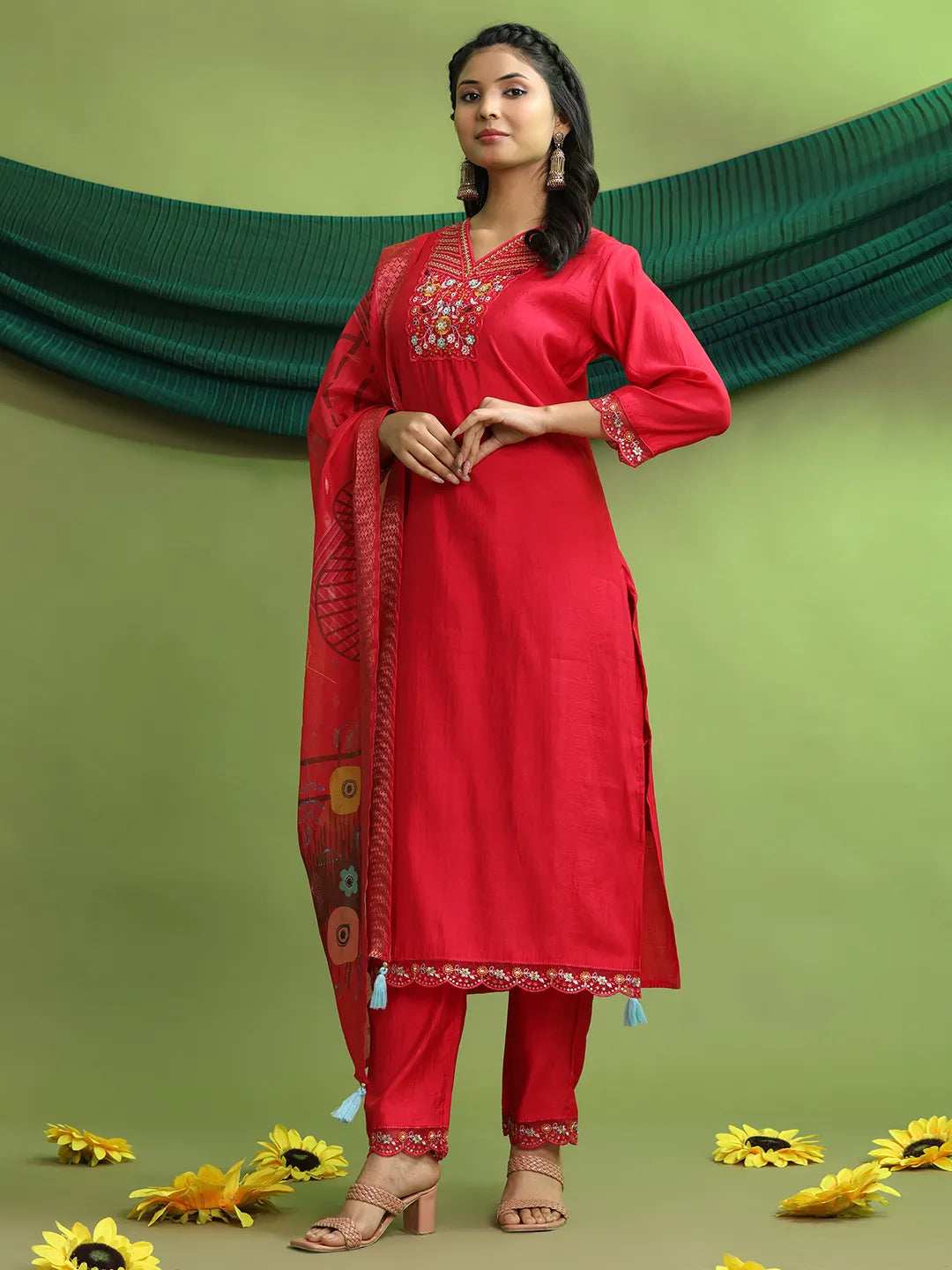 Roman Silk Embroidery Hand Work Kurta Pant Set With Dupatta