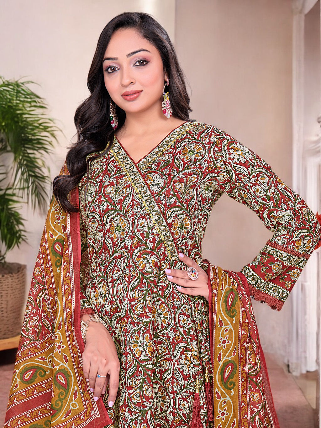 Printed Cotton Anarkali Kurta Set With Handwork on The Neckline
