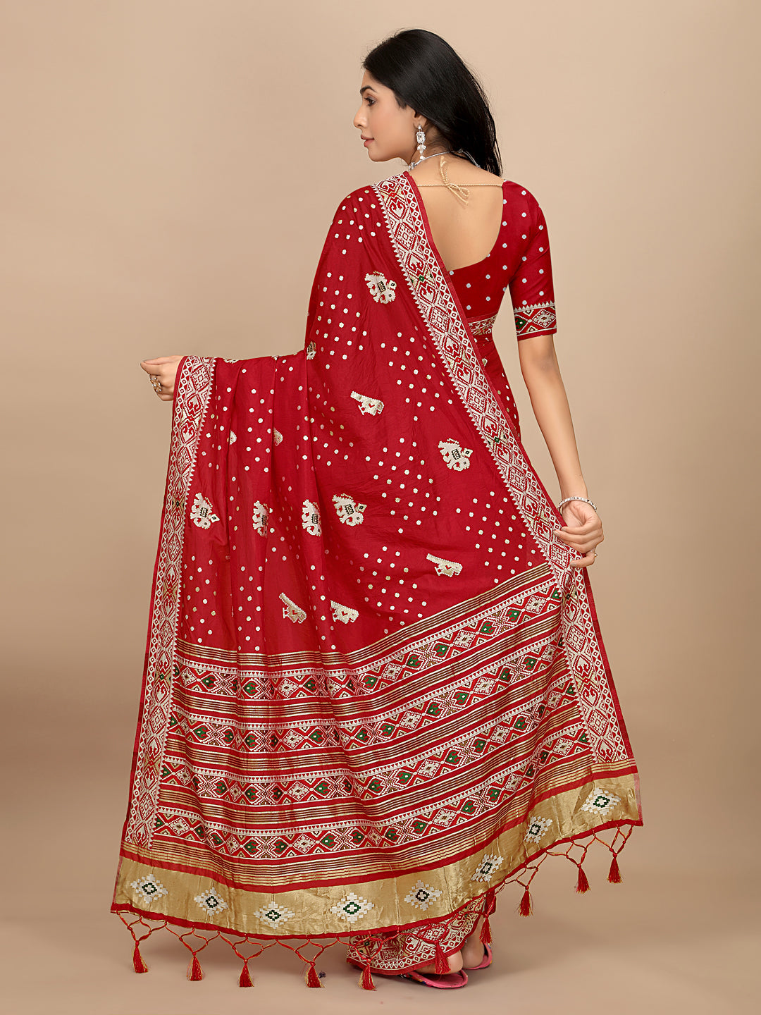Patola Print Cotton Silk Saree with Tassel Border Pallu