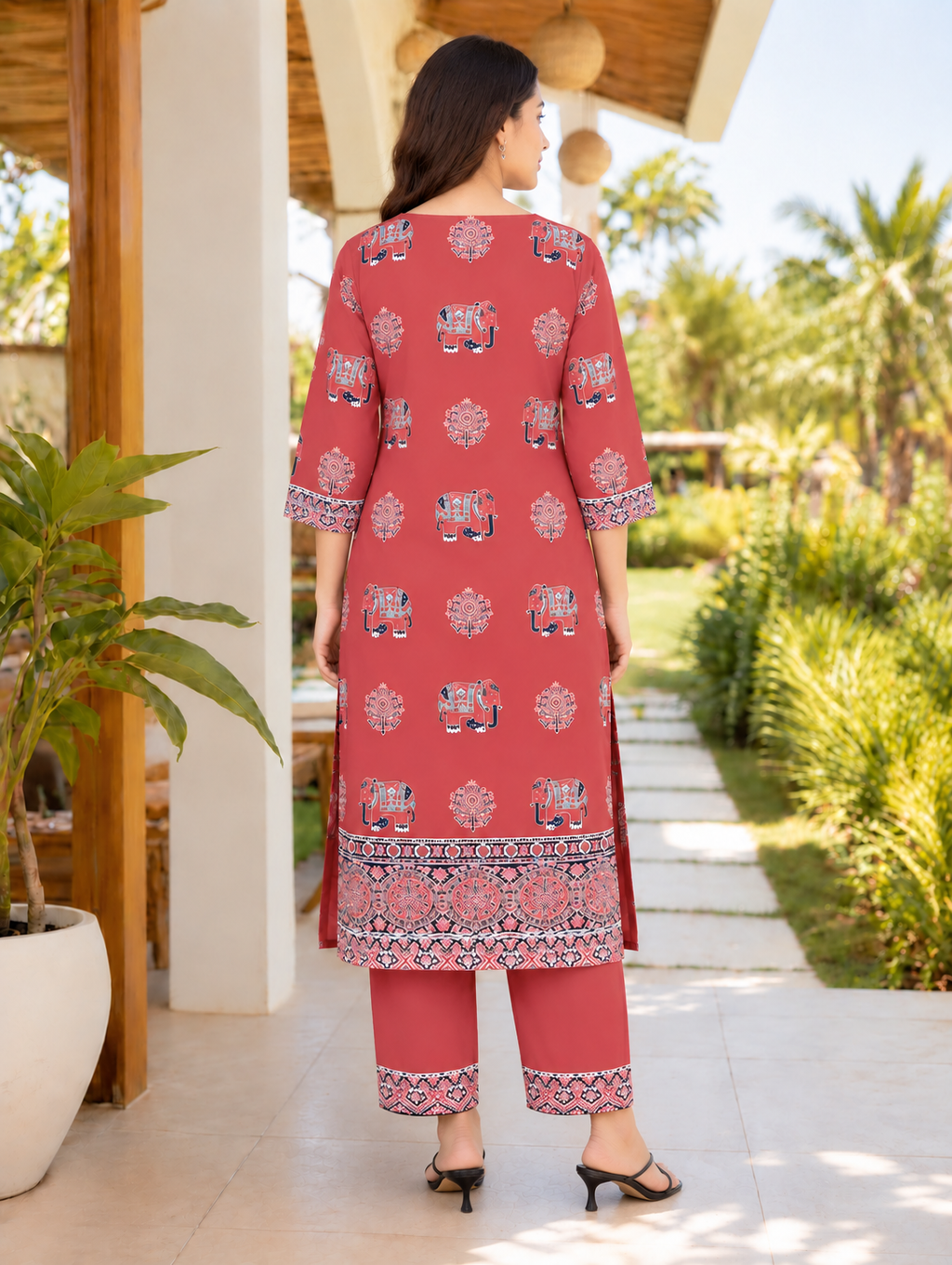 Soft cotton Ajrakh straight kurta set – red, view 5