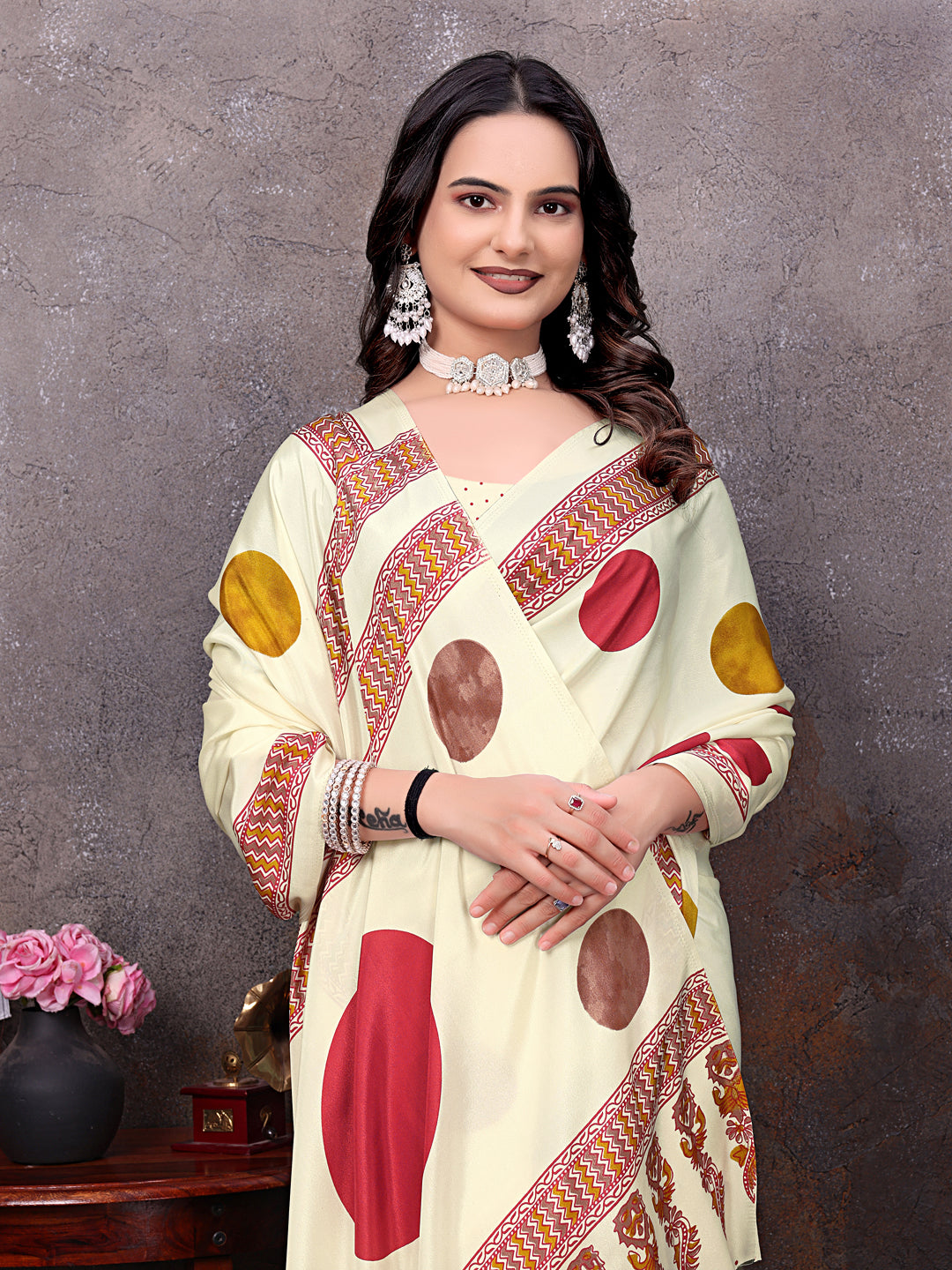 Crepe Silk Casual Wear Cream Color  Saree