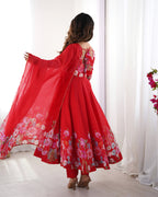 Women Floral Printed Organza Silk Flared Anarkali Kurta Set