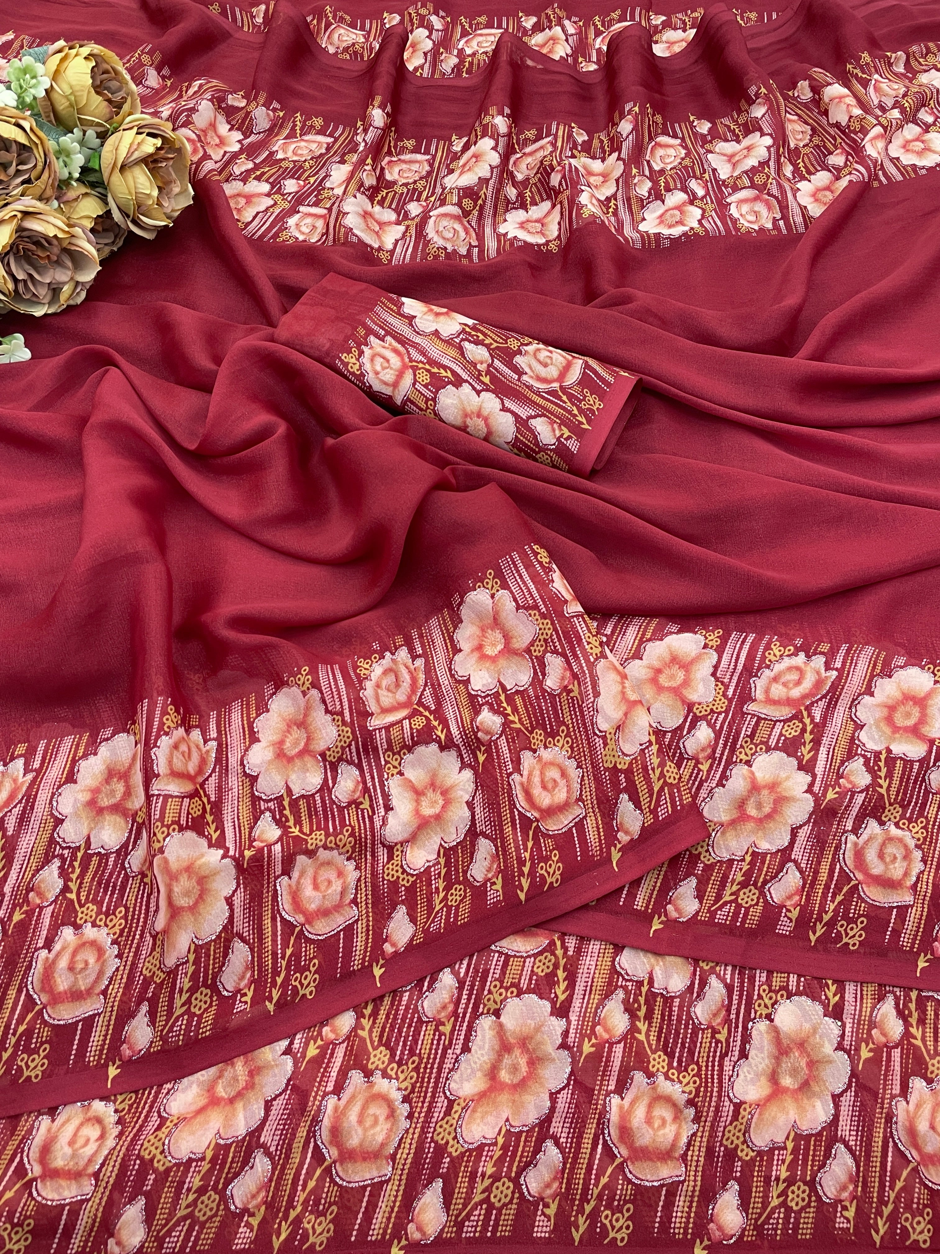 Elegant Floral Border Print Georgette Border Saree