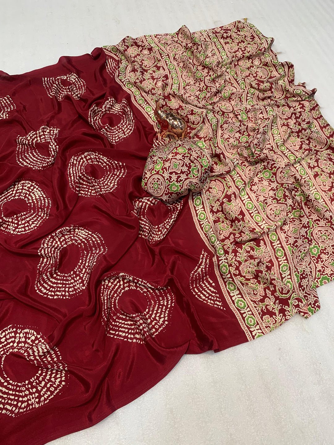 Satin Silk Saree with Ajrakh-Inspired Print & Circular Pallu Design
