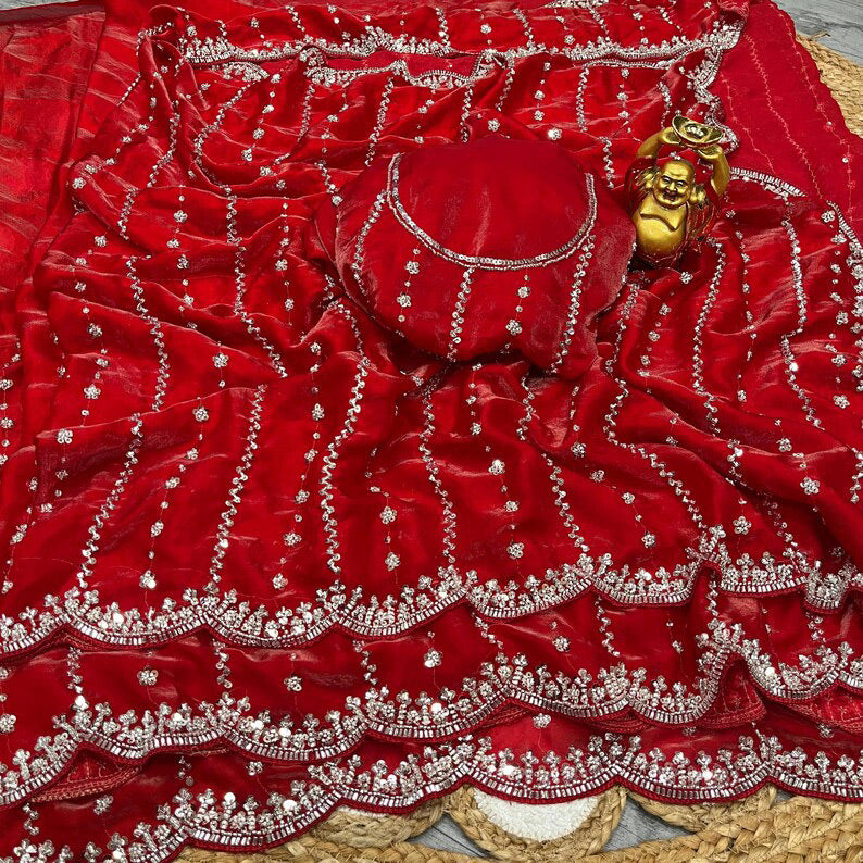 Chiffon Saree with Heavy Zari Embroidery & Scalloped Cutwork Border