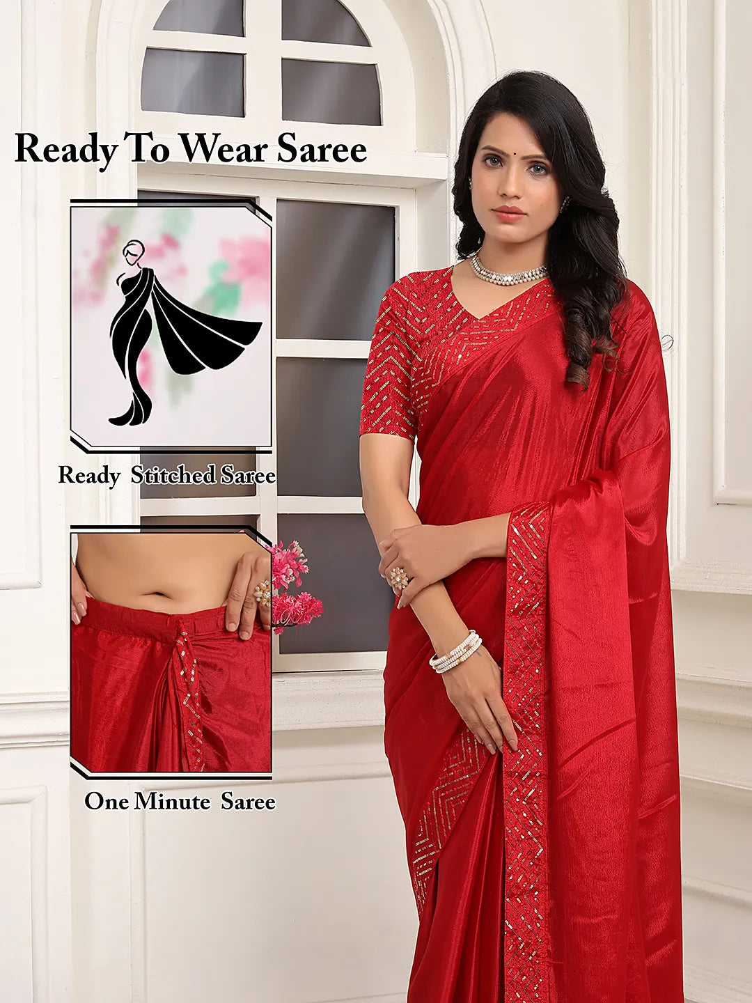 Pionex Ready To Wear Chinon Solid Saree With Embroidered Border