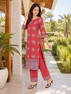 Soft cotton Ajrakh straight kurta set – red, view 6