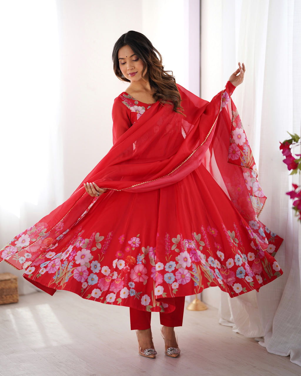 Women Floral Printed Organza Silk Flared Anarkali Kurta Set
