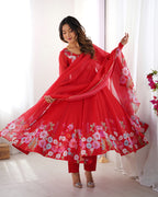 Women Floral Printed Organza Silk Flared Anarkali Kurta Set