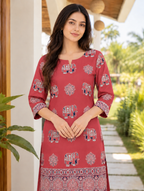 Soft cotton Ajrakh straight kurta set – red, view 7
