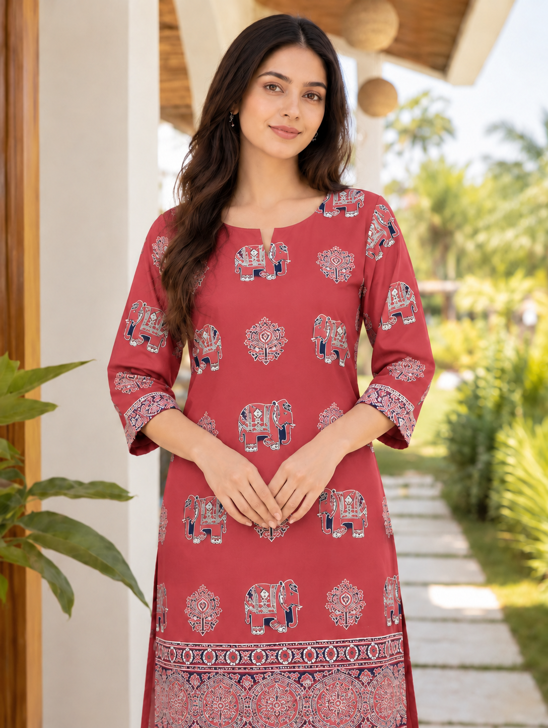 Soft cotton Ajrakh straight kurta set – red, view 7