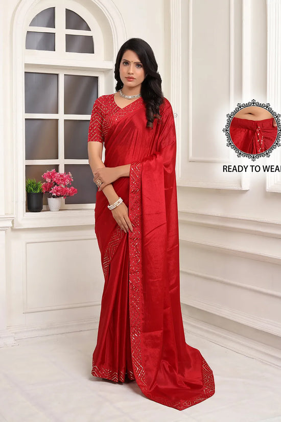 Pionex Ready To Wear Chinon Solid Saree With Embroidered Border