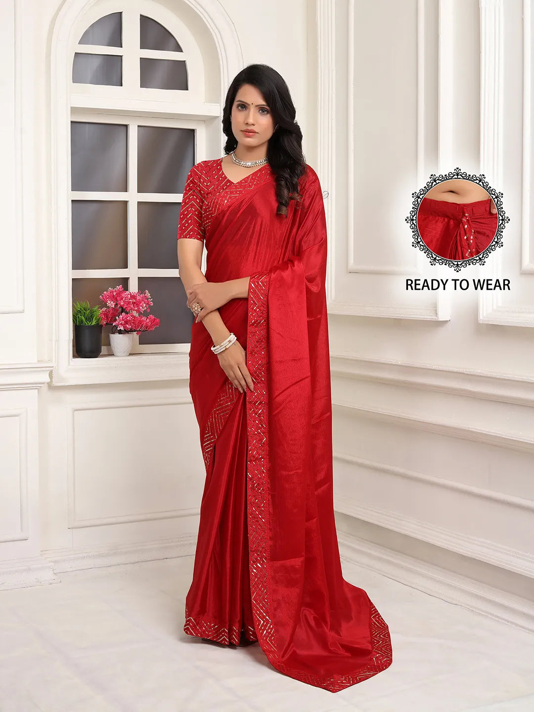 Pionex Ready To Wear Chinon Solid Saree With Embroidered Border