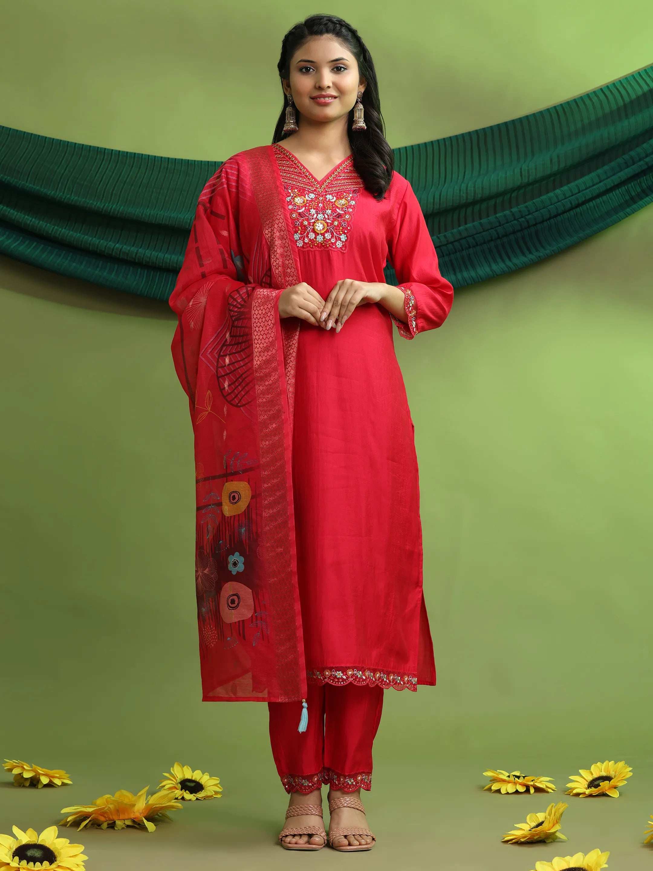 Roman Silk Embroidery Hand Work Kurta Pant Set With Dupatta