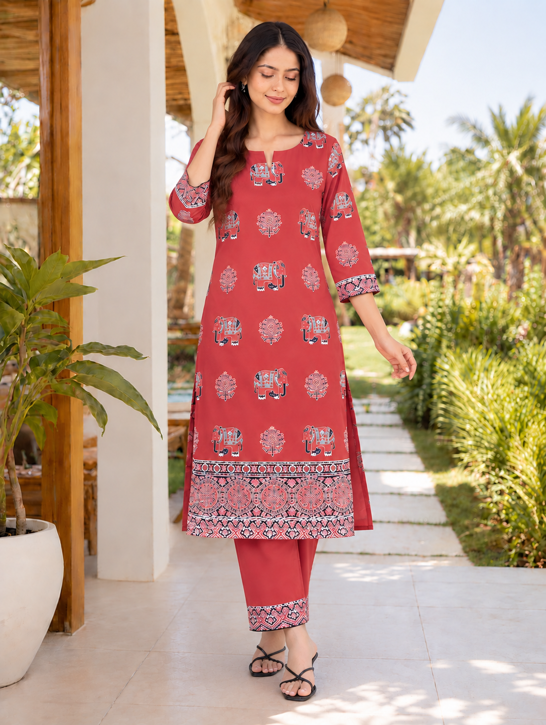 Soft cotton Ajrakh straight kurta set – red, view 8