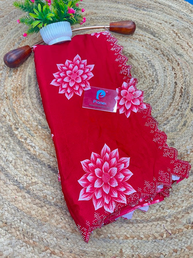 Printed Chinon Saree with Sparkling Siroksi Diamond Work Border