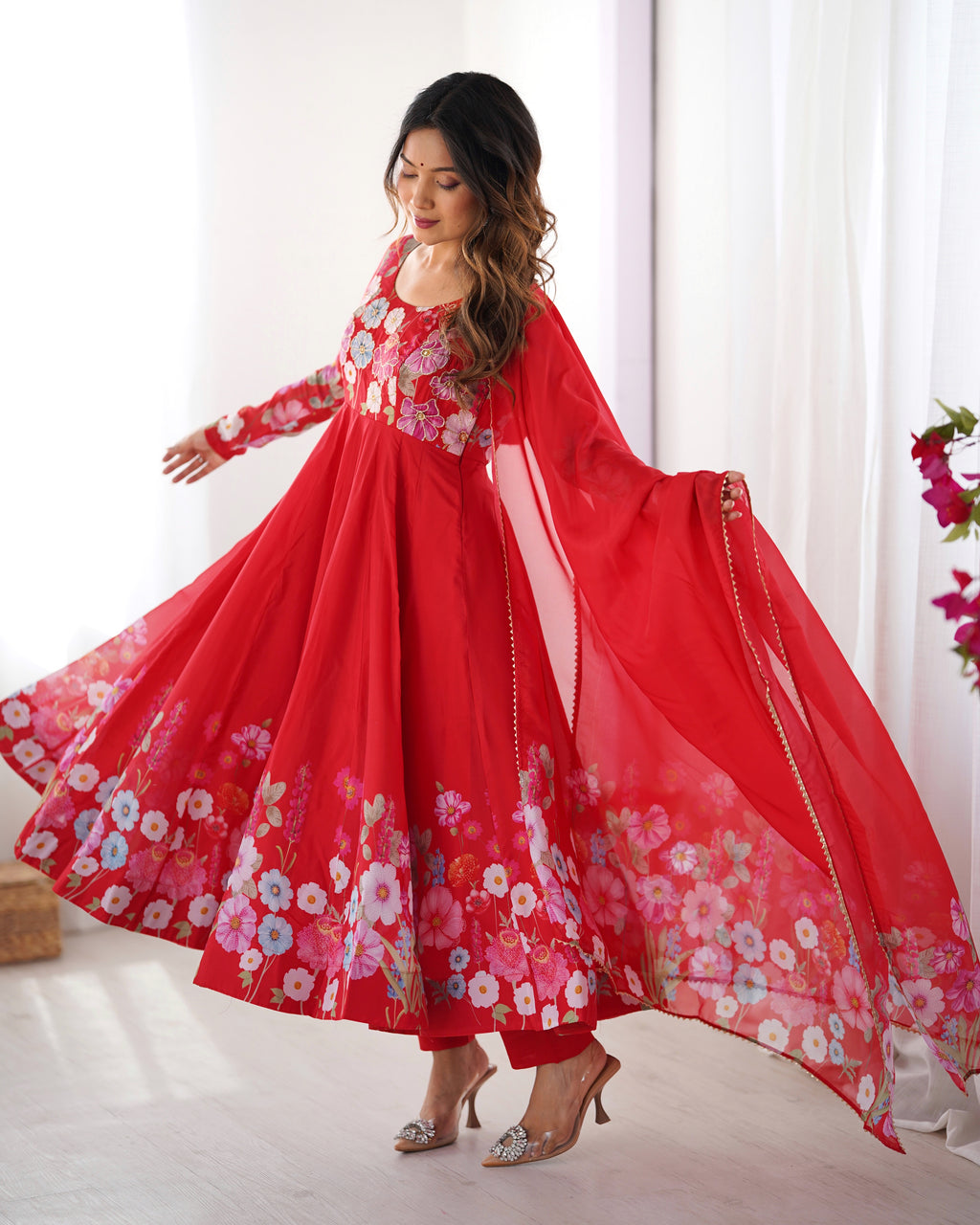 Women Floral Printed Organza Silk Flared Anarkali Kurta Set