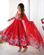 Women Floral Printed Organza Silk Flared Anarkali Kurta Set