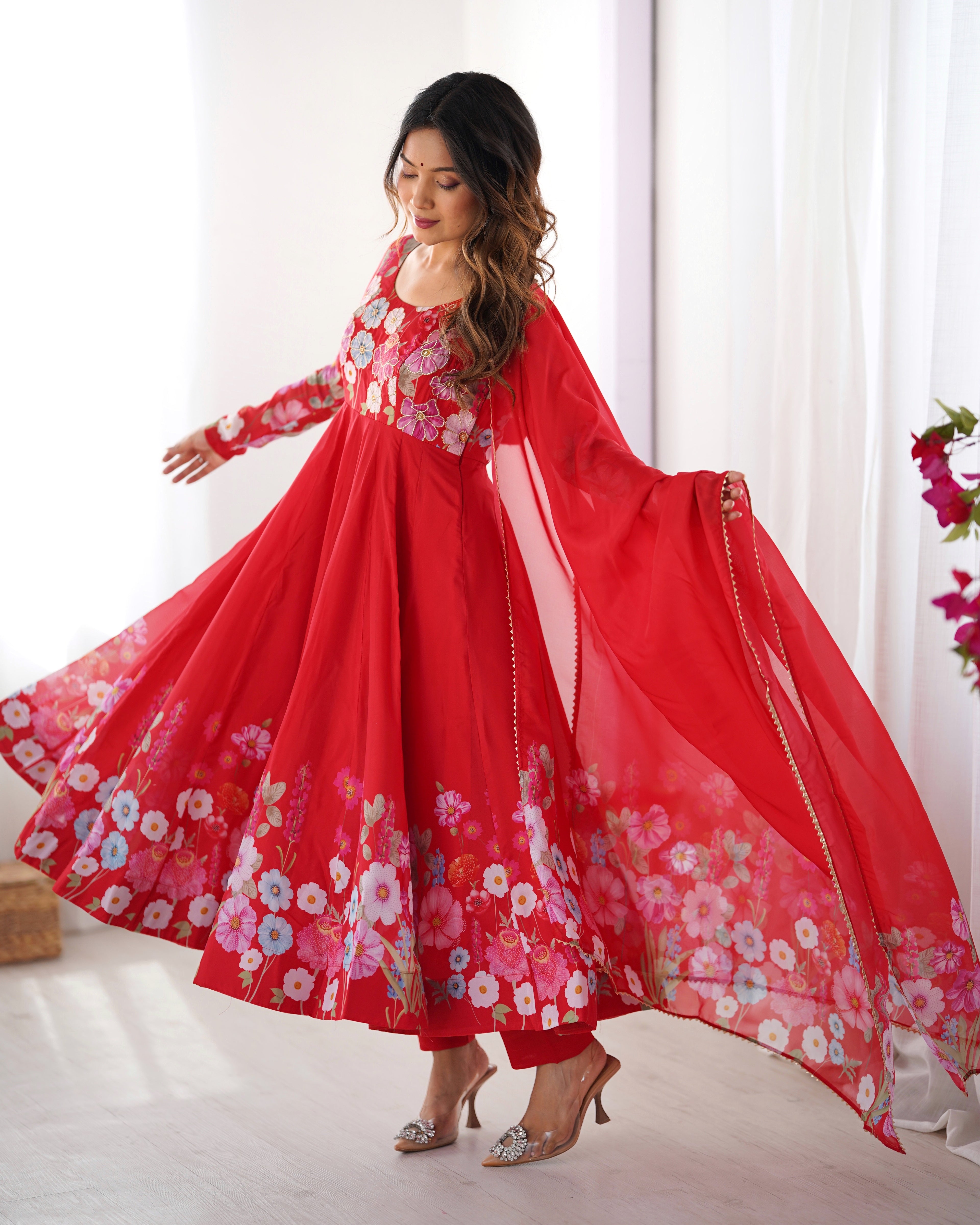 Women Floral Printed Organza Silk Flared Anarkali Kurta Set