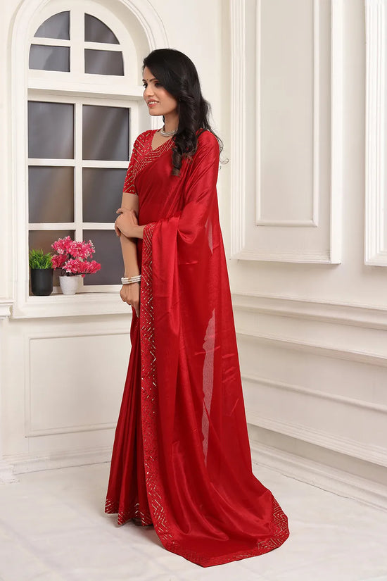 Pionex Ready To Wear Chinon Solid Saree With Embroidered Border