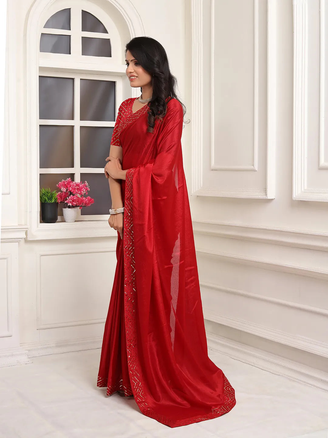 Pionex Ready To Wear Chinon Solid Saree With Embroidered Border