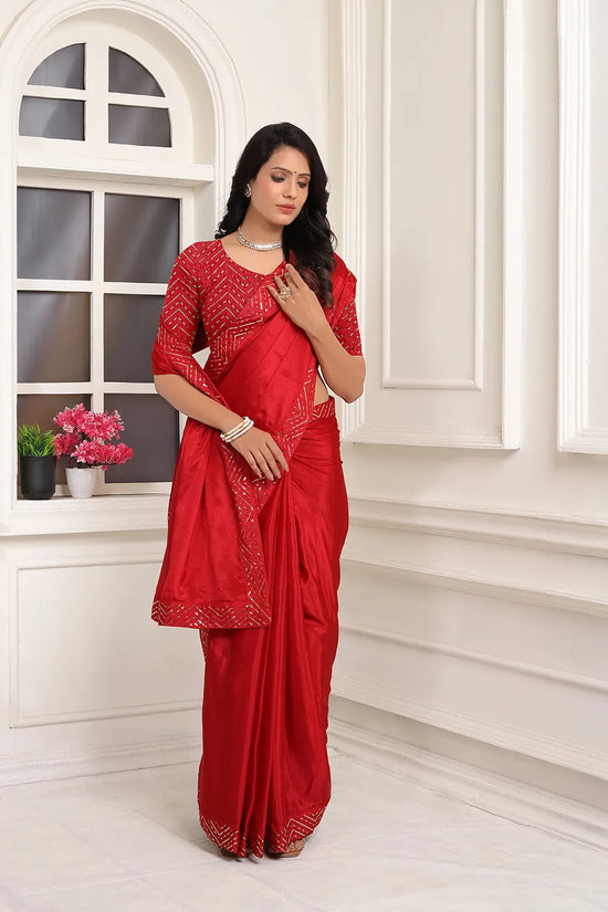 Pionex Ready To Wear Chinon Solid Saree With Embroidered Border