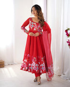 Women Floral Printed Organza Silk Flared Anarkali Kurta Set