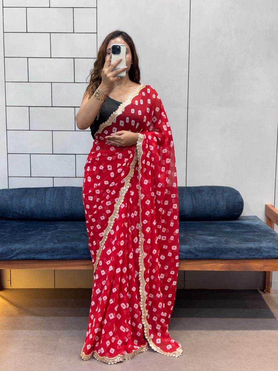 Elegant Leriya Print Georgette Saree with Embroidery Sequence Lace