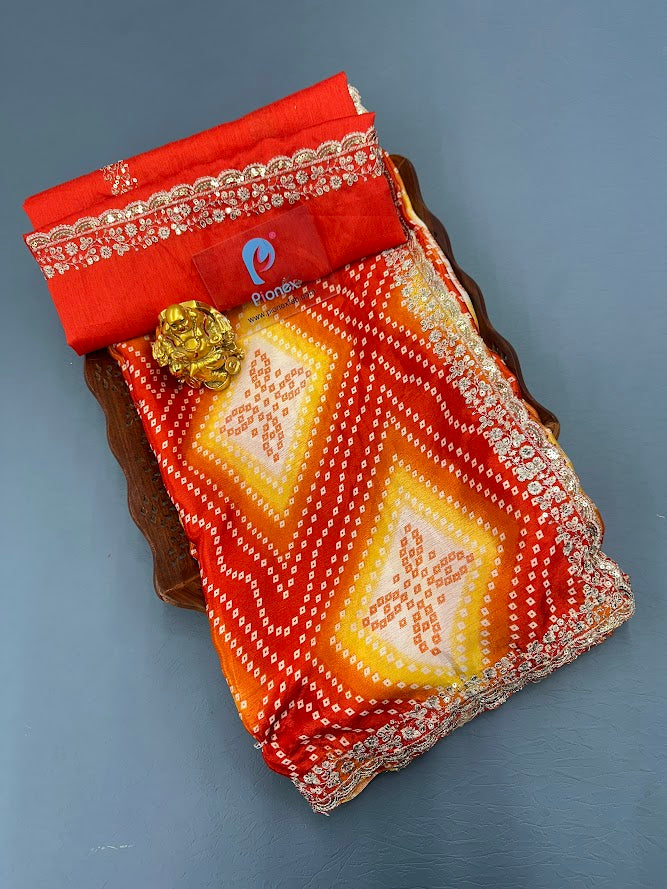 Bandhani Printed Chiffon Saree with Embroidered Border
