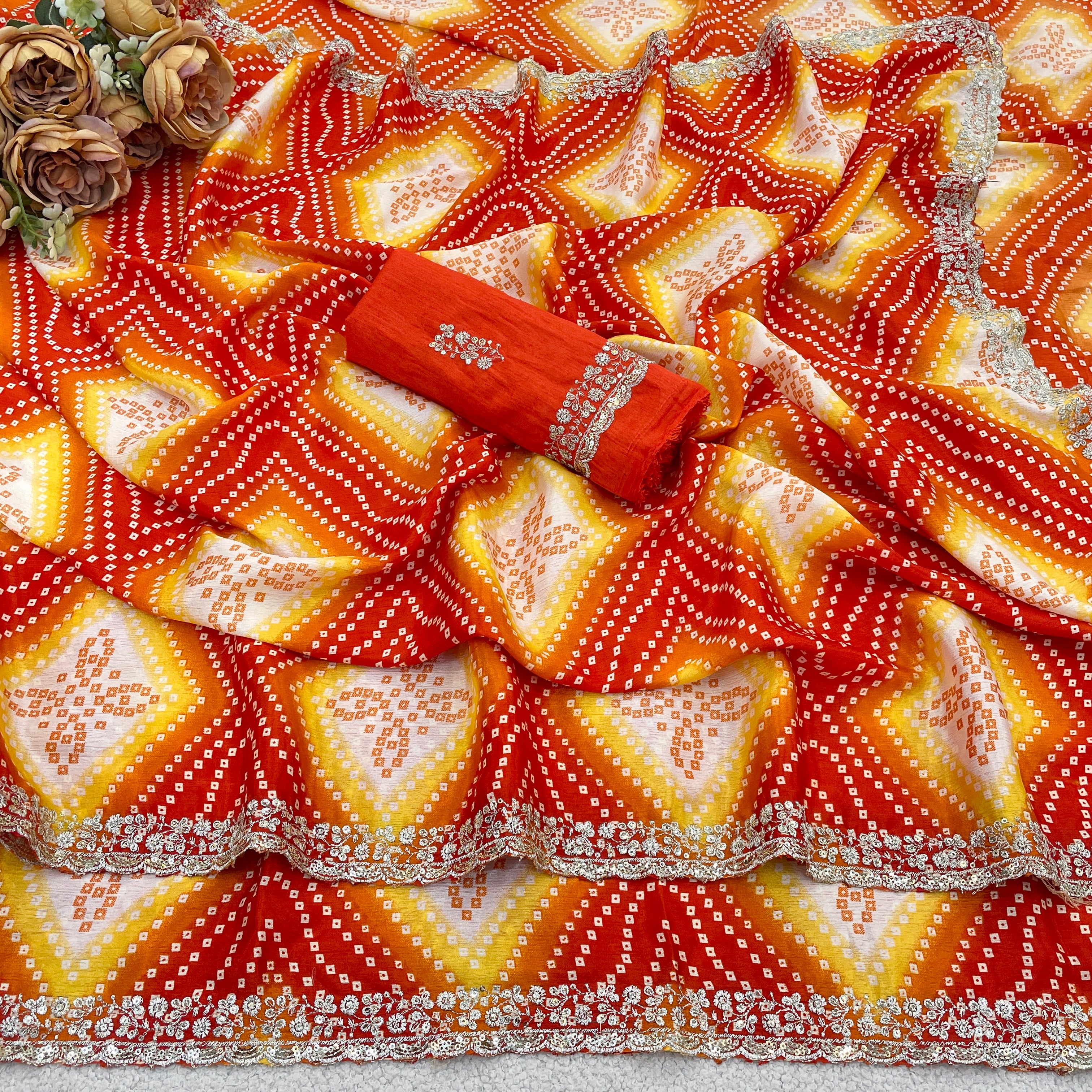 Bandhani Printed Chiffon Saree with Embroidered Border