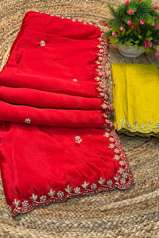 Silk Chinon Saree with Embroidery, Thread & Moti Work