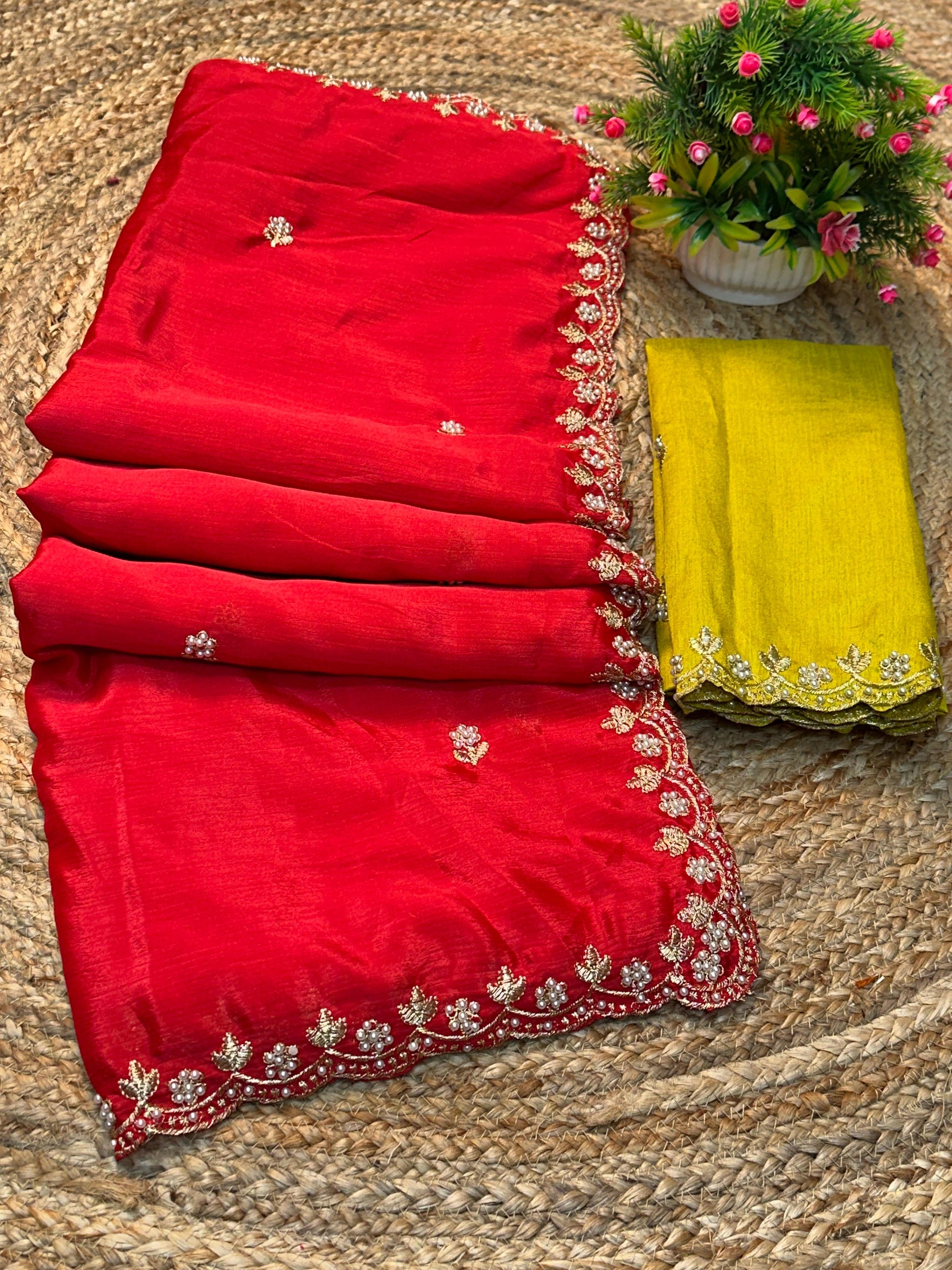 Silk Chinon Saree with Embroidery, Thread & Moti Work