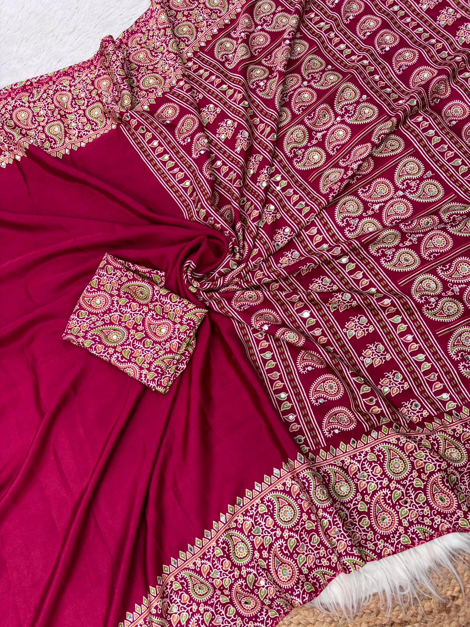 Soft Satin Ajrakh Printed Saree with Mirror Work