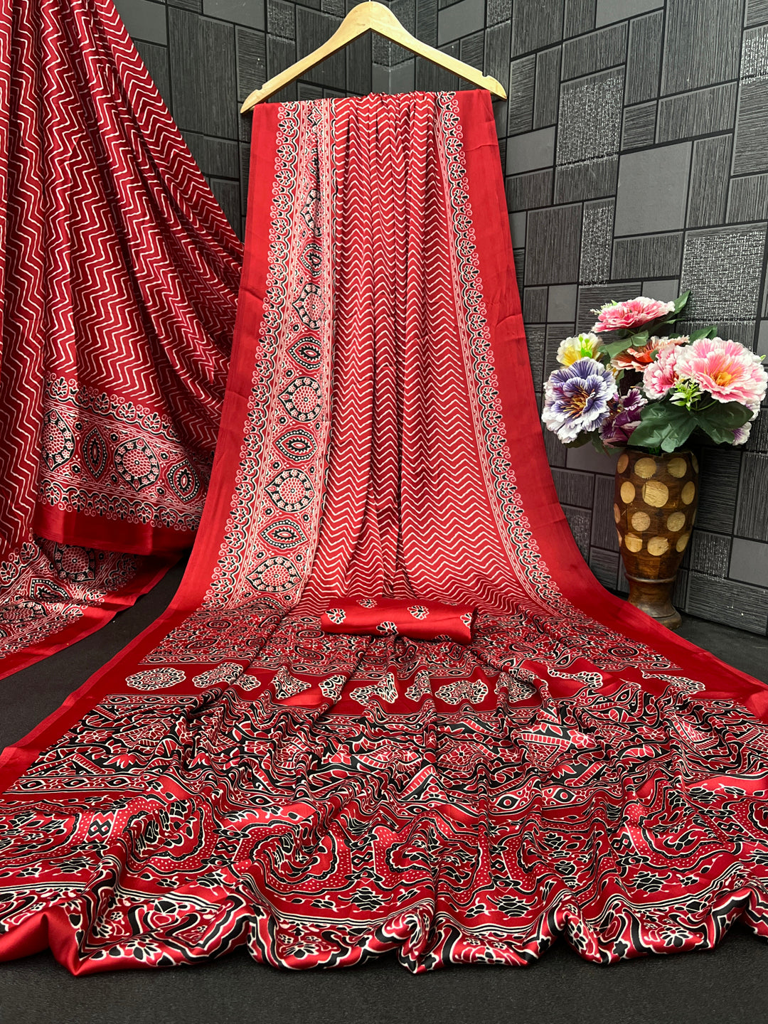 Satin Silk Ajrakh Printed Saree