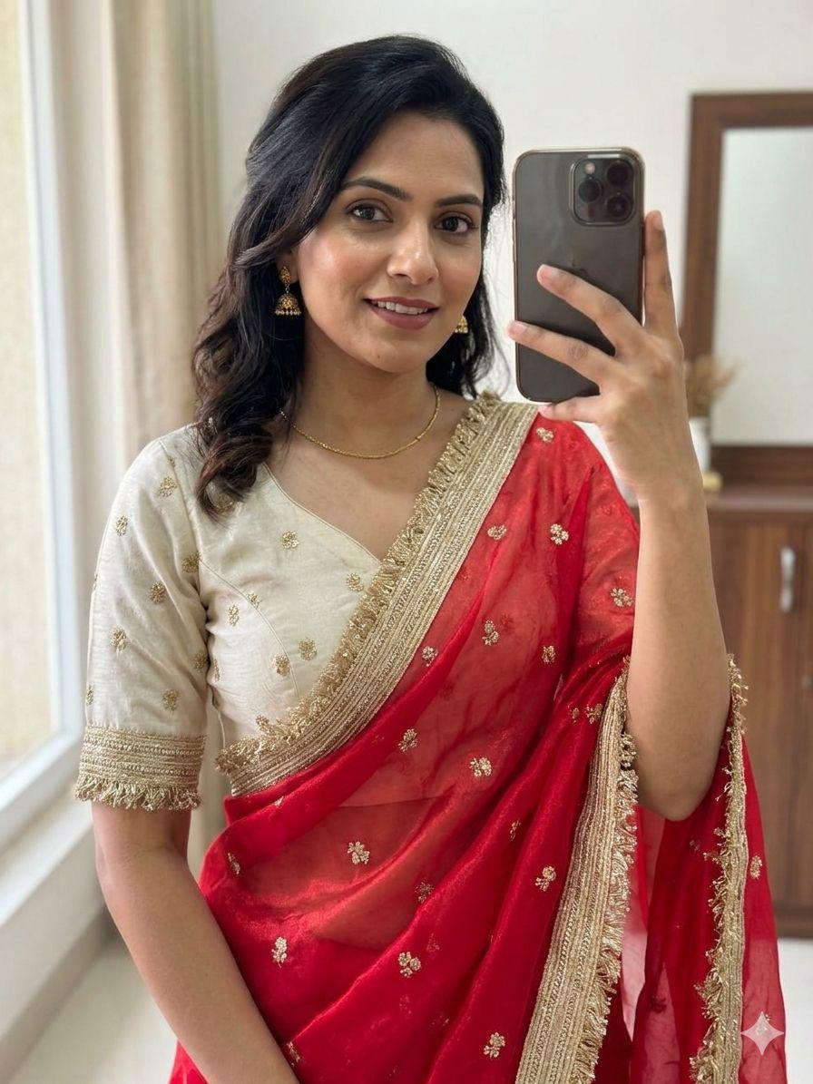 Satin Embroidery Work Saree With Lace Border