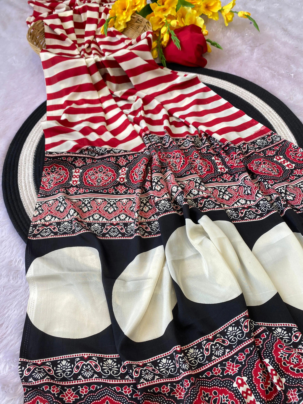 Printed Satin Saree with Unstitched Blouse Piece