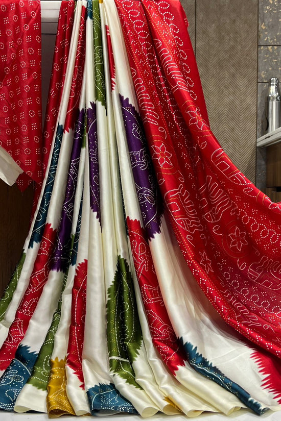 Ajrakh Printed Satin Silk Saree with Blouse Piece
