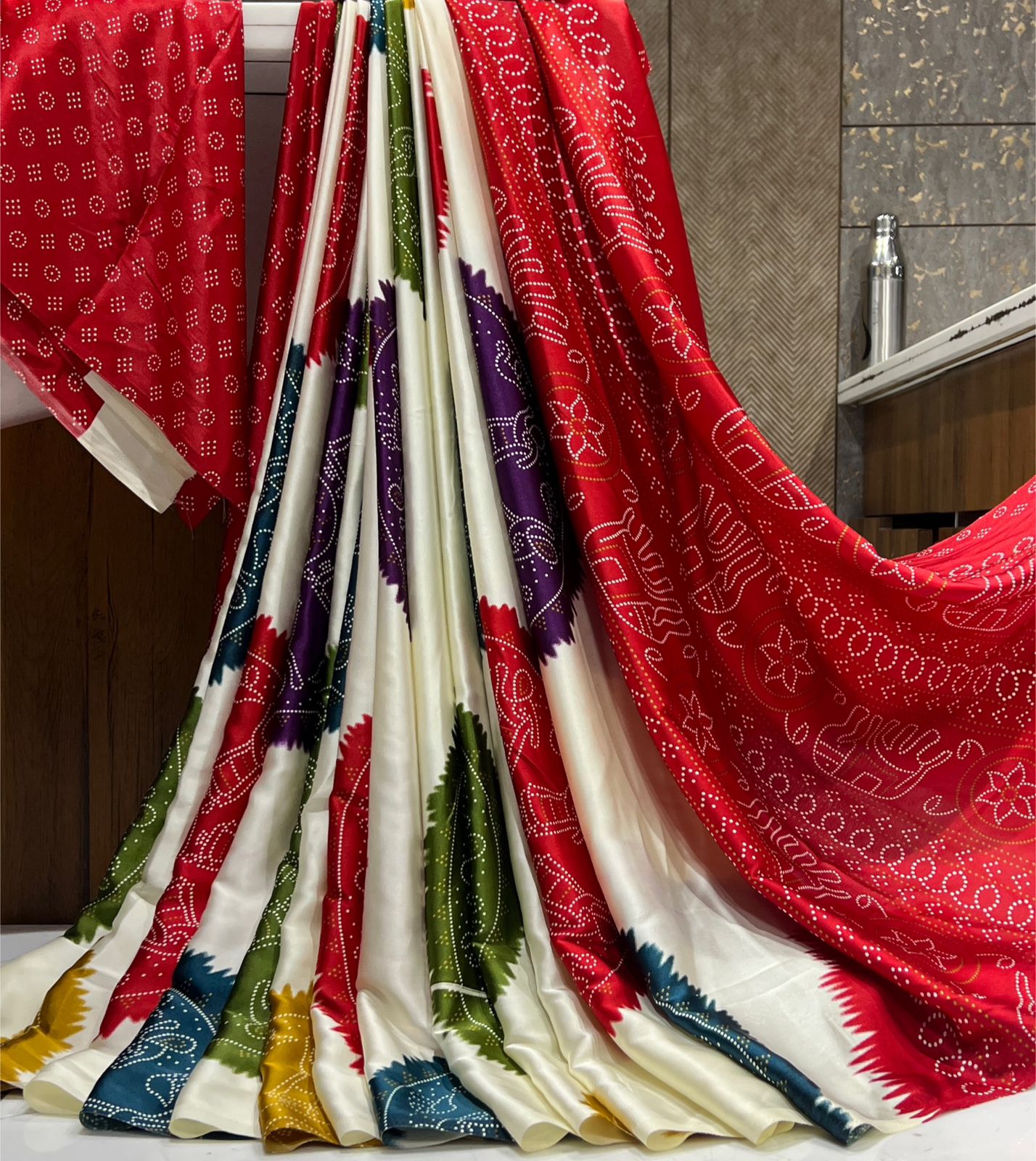 Ajrakh Printed Satin Silk Saree with Blouse Piece