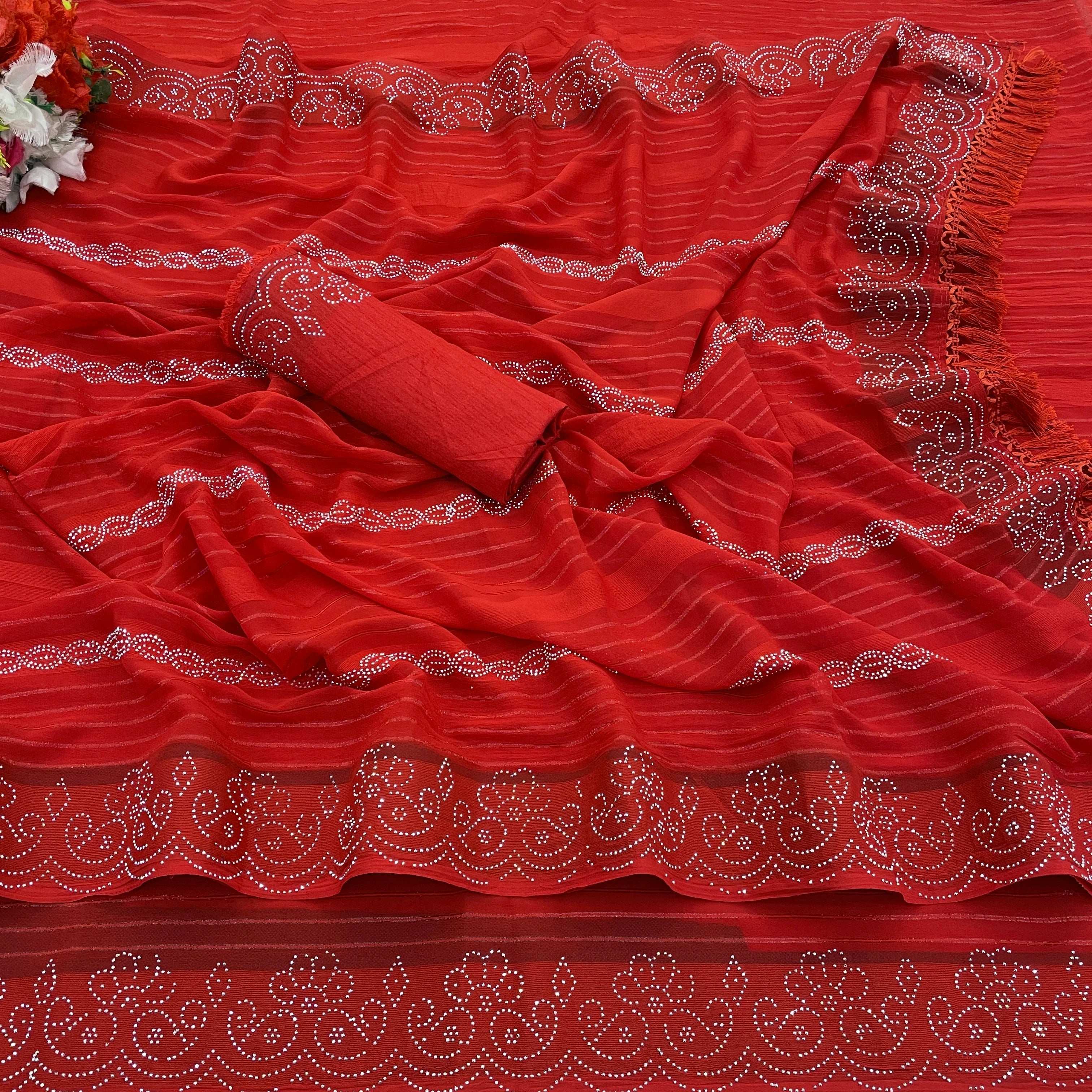 Georgette  Siroski Diamond Work Saree With Tassel