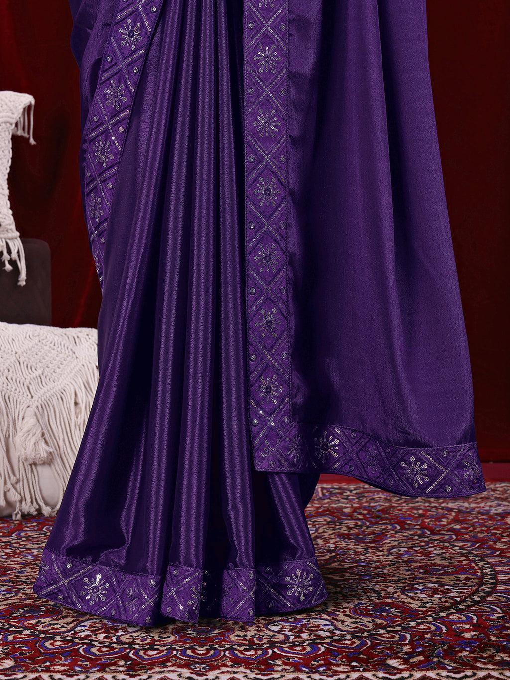 Chinon Solid Saree with Embroidered Lace Border