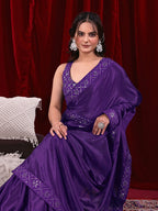 Chinon Solid Saree with Embroidered Lace Border