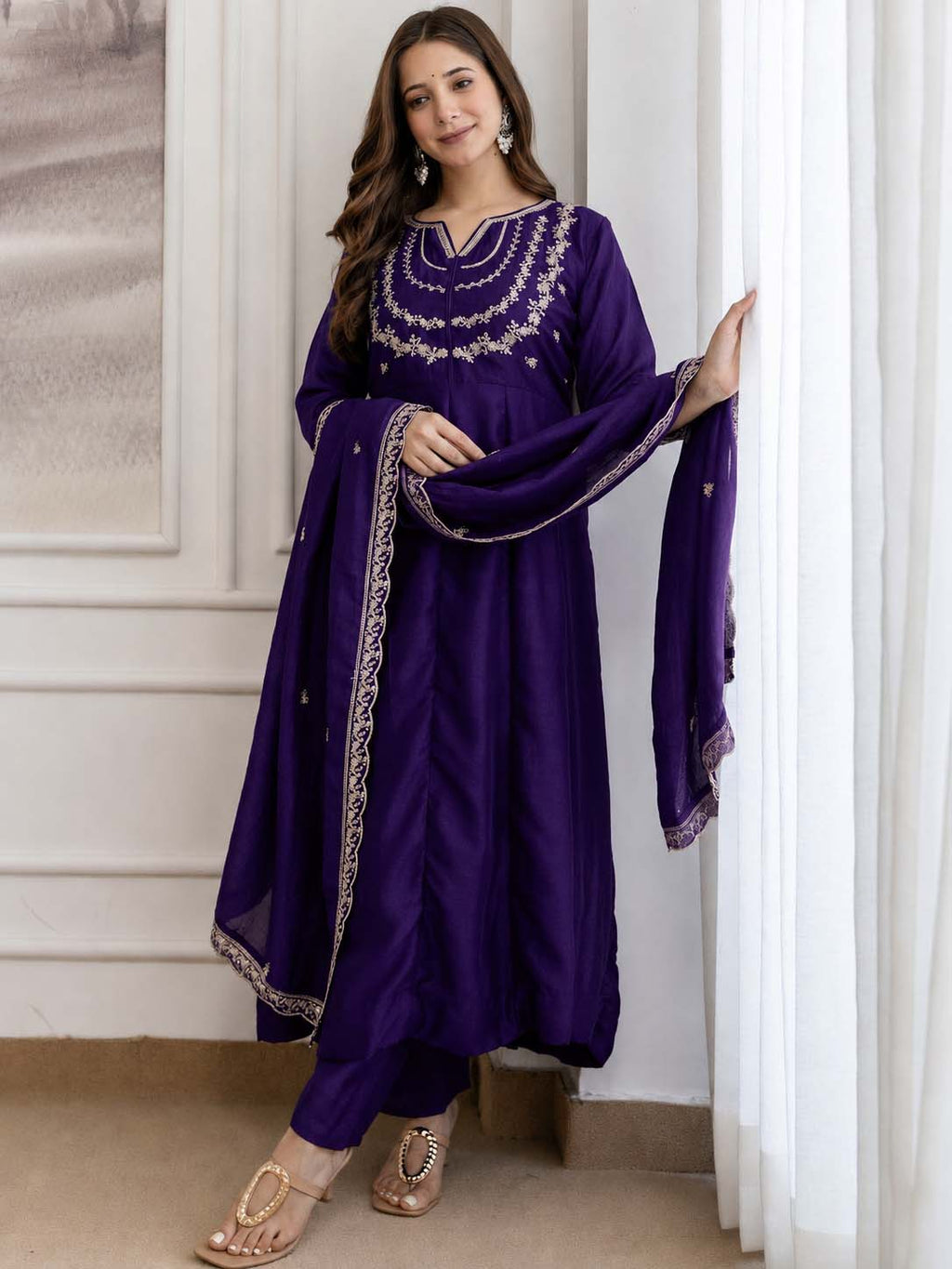 Embroidery Vichitra Silk Anarkali Kurta Pant Set With Dupatta